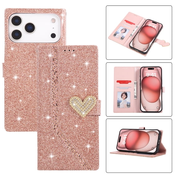 Sanwo for iPhone 18 Pro Max Wallet Case, Glitter Flip Cover with Card Pocket, Shock-Absorbent PU Leather Protective Case, Rosegold