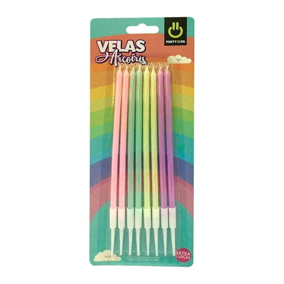 Velas de cumpleaños Party is On arcoíris 8 pzas