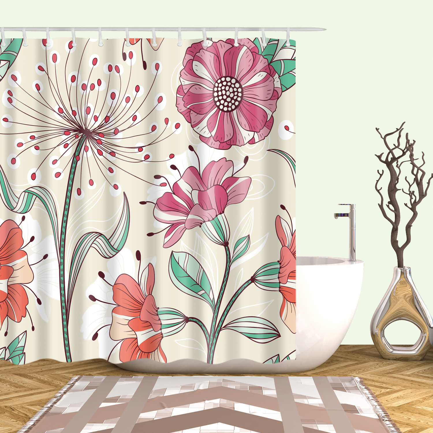 Shower Curtain Flower Floral Theme Fuchsia Blossom Lime Leaf Hand Draw Art Dandelion Bathroom Decor Accessories Bath Curtain With Hooks Walmart Canada