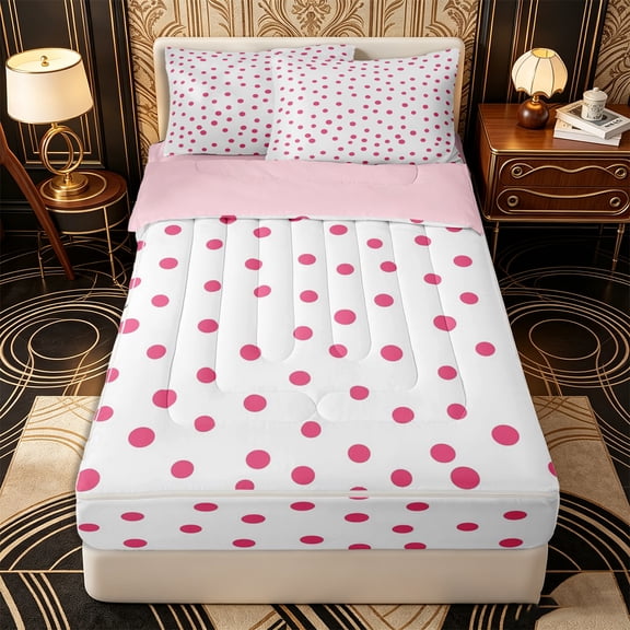 Erosebridal Sweet Simple Pattern Zipper Twin Comforter Sets with Fitted Sheet and 2 Pillowcases,Polka Dot Print Zipper Bedding Set,Hot Pink White,Pink Reversible