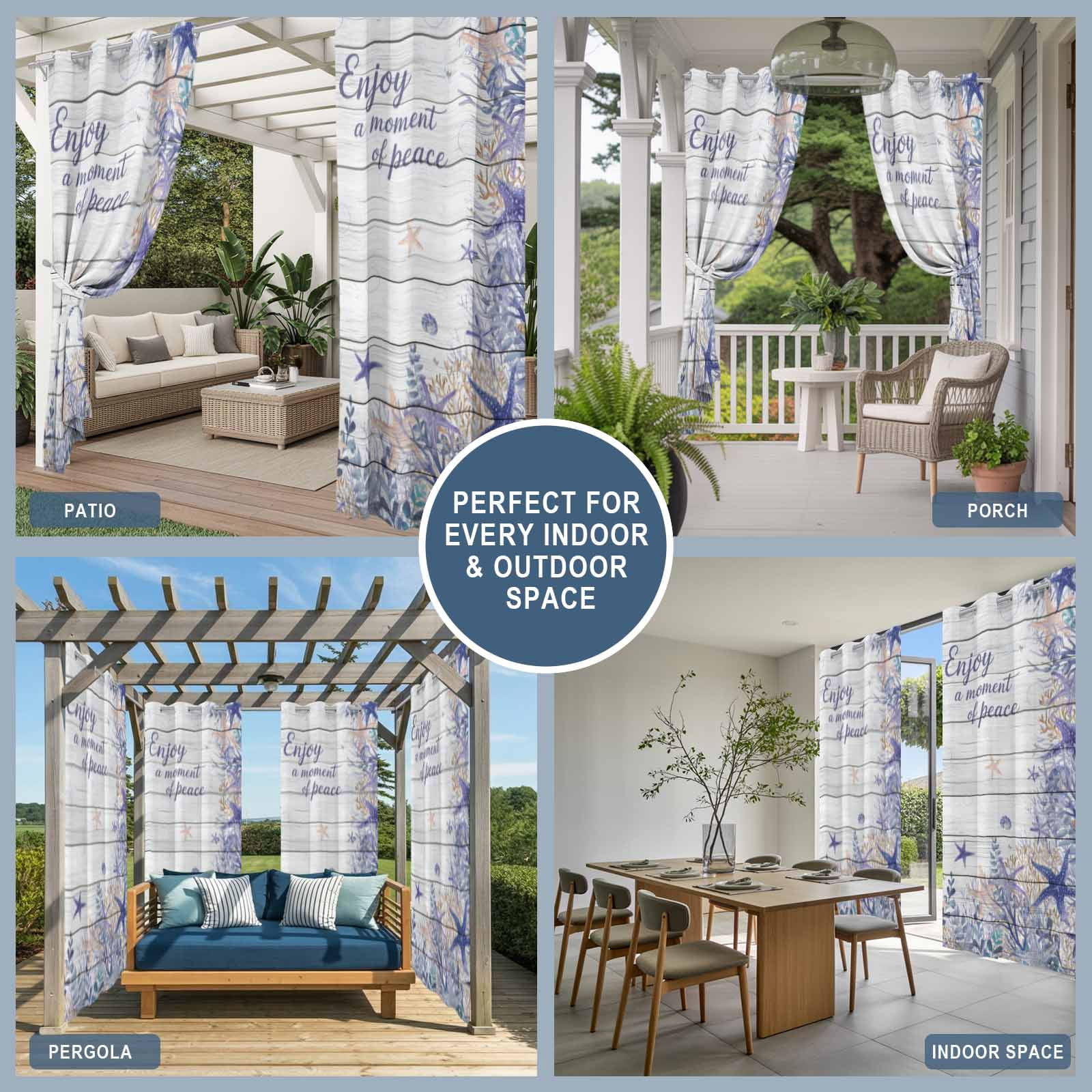 Purple Ocean Outdoor Curtains for Patio, Enjoy A Moment of Peace Beach Starfish Shell Wood Grain Sunshade Privacy Drapes Grommet Waterproof Outside Curtains for Porch Balcony 54"x 108", 1 Panel