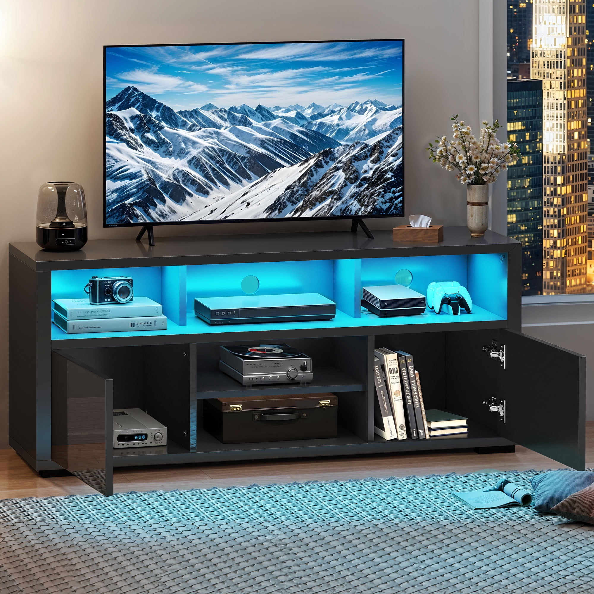 Uforic TV Stand for 55 inch TV, Modern LED Entertainment Center TV Console Media Cabinet,Black