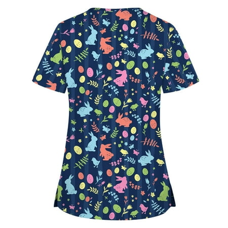 

LWZWM Women Nurse Working Uniform Comfortable Fit Lightweight Medical Scrub Top V Neck T Shirt Short Sleeve Tops Easter Tee Bunny Blouse Navy XXL