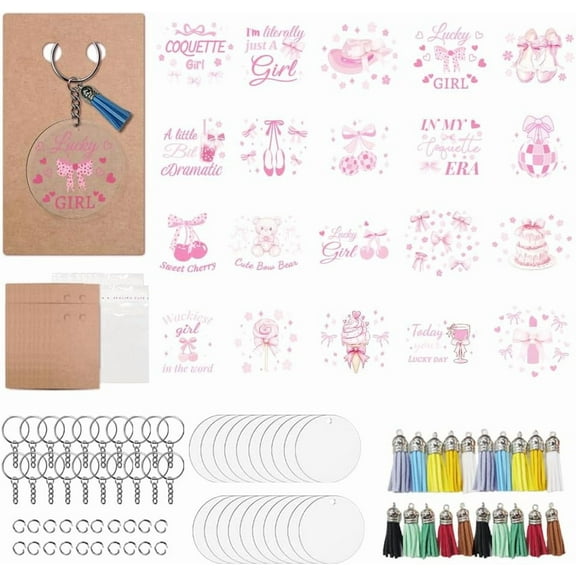 160 Pcs DIY Acrylic Keychain Making Accessories Cherry Elements Acrylic Blanks Bowknot Pattern Transfer Stickers Keychain Display Cards Tassels Key Rings Jump Rings for Crafts Colorful