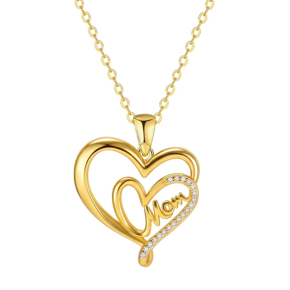 Gold Plated Mom Heart Pendant Necklace with Cubic Zirconia, Adjustable Chain Jewelry Gift for Mom