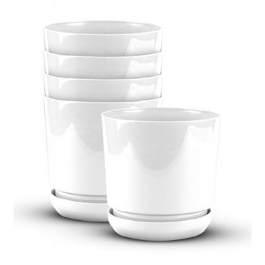 Cubiark Garden 4 inch Cylindrical Planter Pot (5pack) with saucer tray and drainage - White- durable plastic pot, textured finish, removable saucer, for indoor & outdoor use, home decor