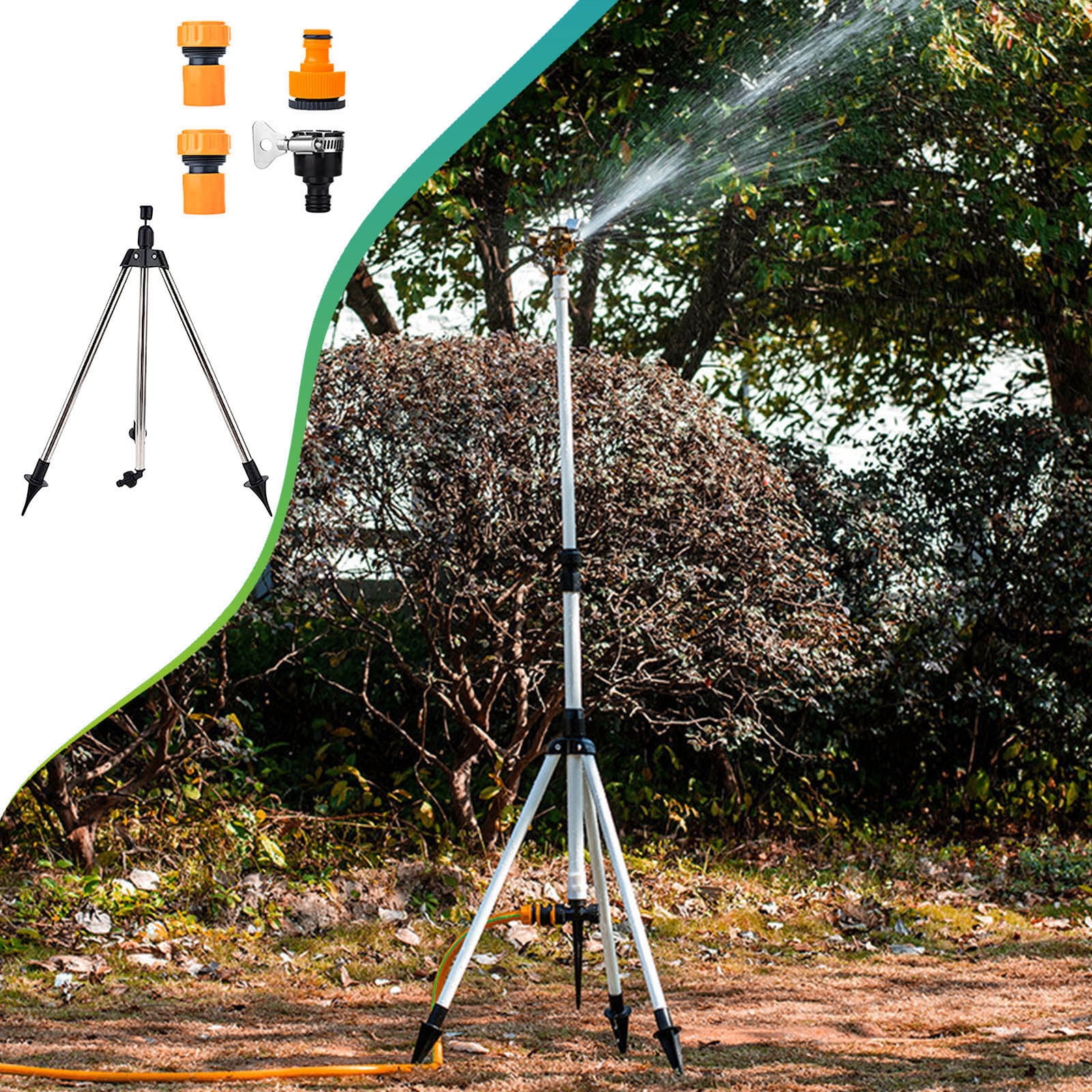 Byujiro Garden Sprinkler Gardening Tool Rotating Adjustable Lawn Sprayer with Quick Connect Adapter Set & Stainless Steel Tripod Stand for Yard, Lawn & Outdoor Irrigation & Watering Use