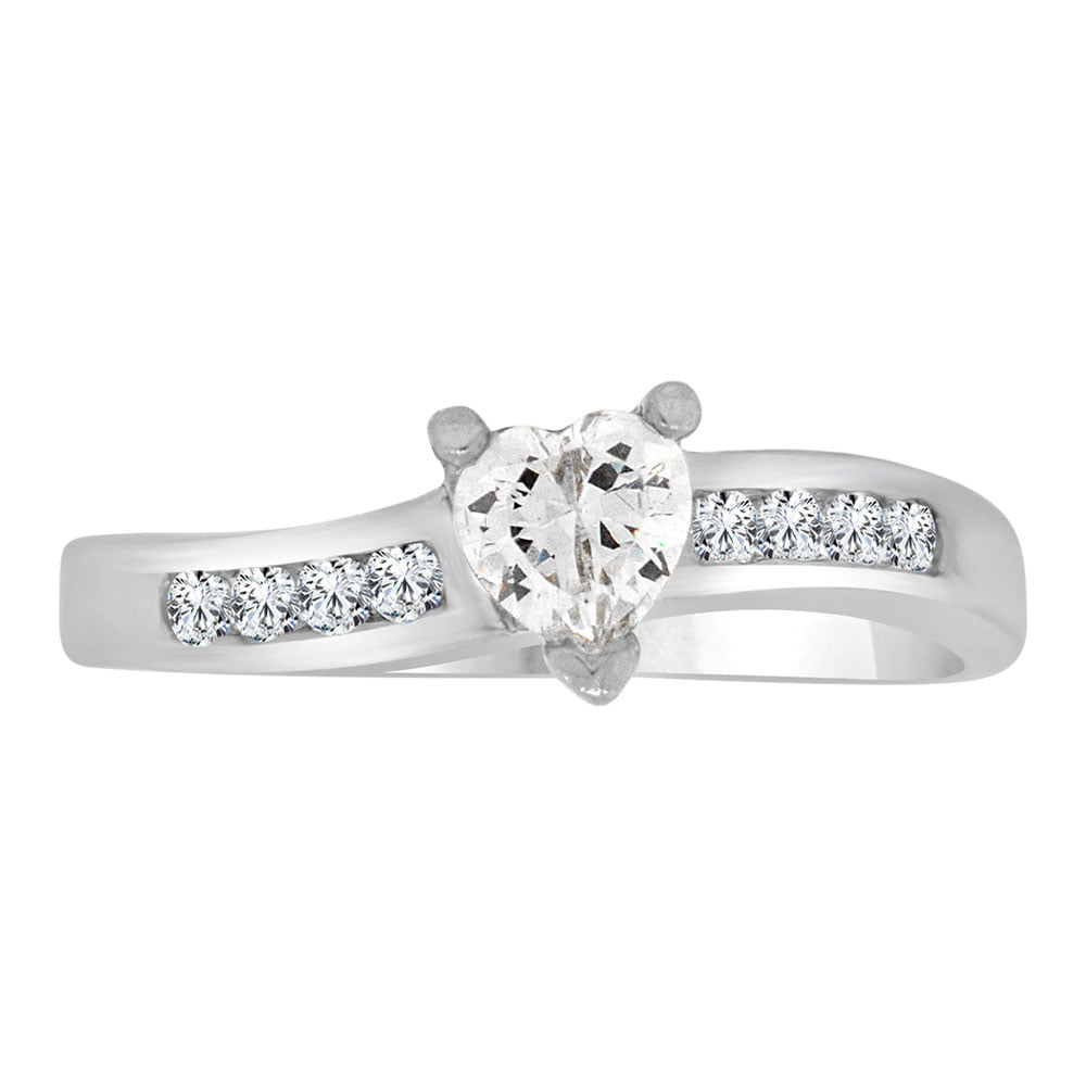 Sterling Silver White Rhodium, Dainty Promise Ring Heart Created CZ Crystal 5mm 0.50ct