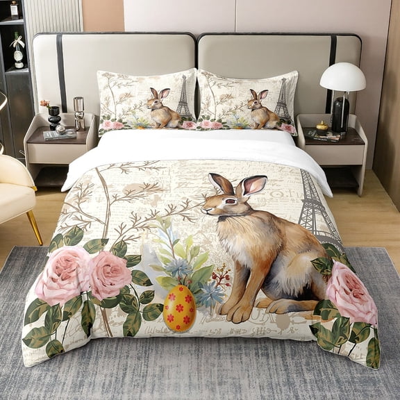 YST Bunny 100% Cotton Bedding Set King Size,Pink Rose Floral Duvet Cover,Eiffel Tower Comforter Cover,Easter Egg Rabbit Bedspread Cover,Cartoon Pet Animals Bed Set Soft Breathable 3Pcs