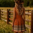 thumbnail image 3 of Morttic Women's Geometric Print U Neck Sleeveless Midi Dress – Ruched High Waist A-Line, Retro Boho Vacation Outfit Orange，XXL, 3 of 4