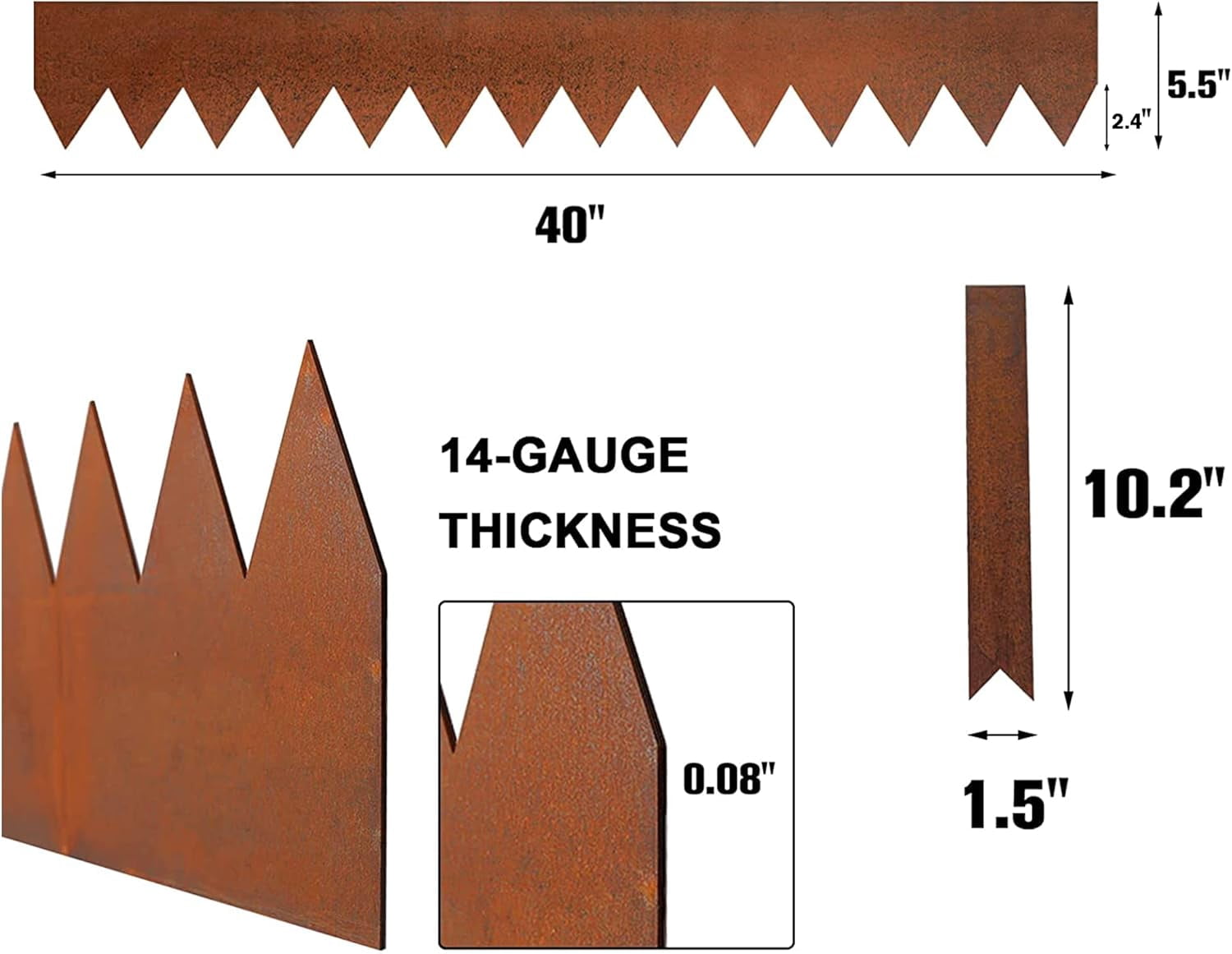DAVYLINE 6 Pack Pre-Rusted Cor-Ten Steel Landscape Edging - 40" L x 5.5" H Each (20ft Total) - No-Dig Hammer-in Heavy Duty 14-Gauge Metal Edging Border w/ 7 Clips & Gloves - Edge for Lawn Yard