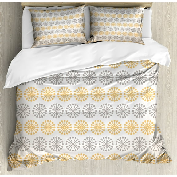 Grey and Yellow Duvet Cover Set, Bohemic Oriental Inspired Geometrical Floral Art Image, Decorative 3 Piece Bedding Set with 2 Pillow Shams, Calking Size, Apricot Grey and White, by Ambesonne
