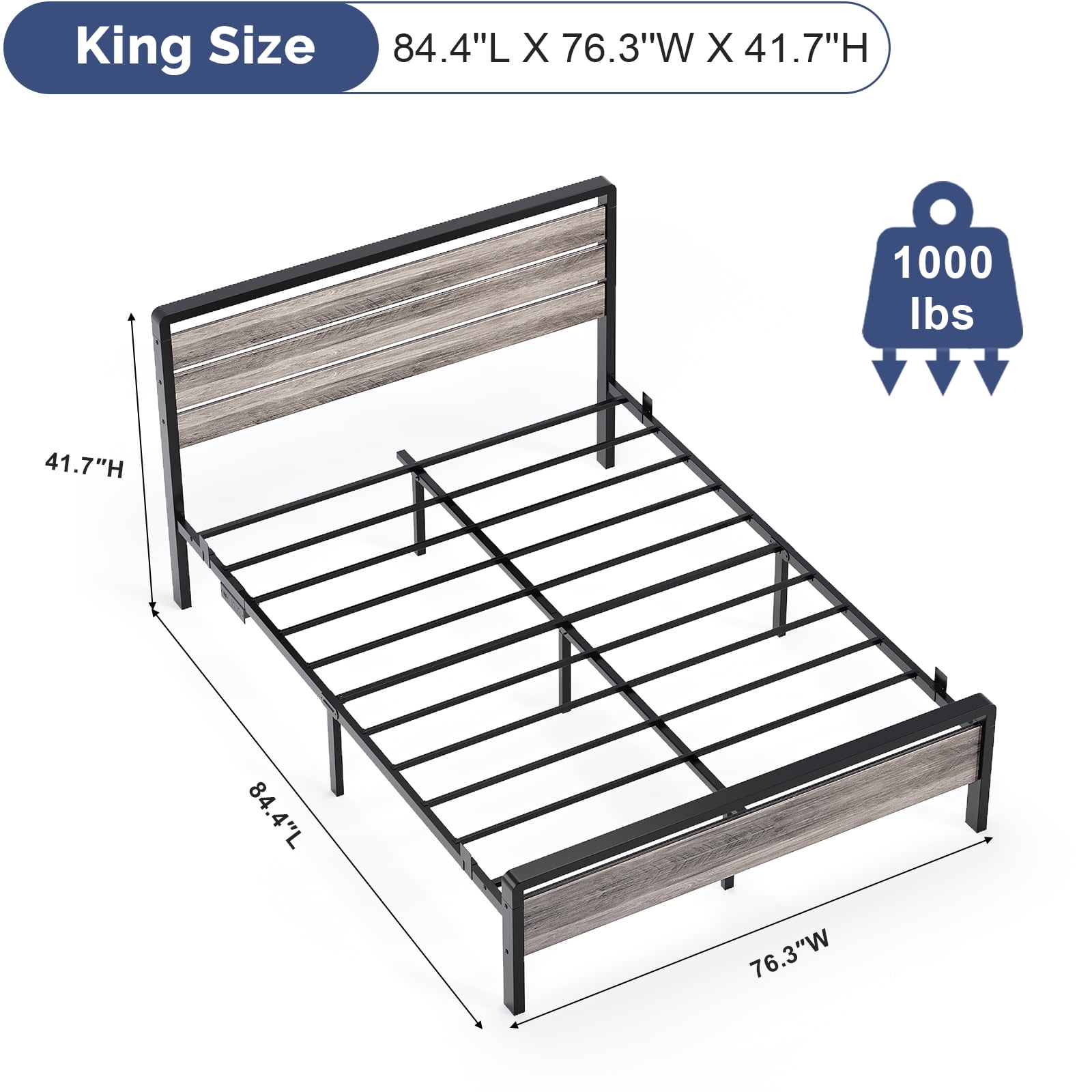 Ktaxon King Bed Frame with LED Headboard & Footboard, Metal Platform Bed with Charging Station, Gray