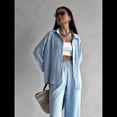 thumbnail image 4 of Conjuntos de 2 Piezas para Mujer: Conjuntos Casuales de Salón, Camisas de Larga con Botones y Pantalones de Pierna Azul XL, 4 of 10