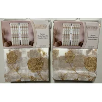 Set of 2 Raveena Macrame Embroidered Curtain Panels, 84" Long with Attached Valance (Beige/Gold)