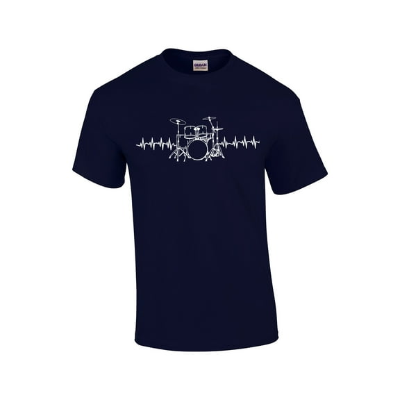 Drummer Short Sleeve T-shirt Drumset with Heart Pulse-Navy-Medium