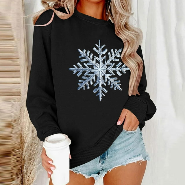 Leodye Mode Femme Décontractée Manches Longues Col Rond Chandail Imprimé de Noël Décontracté Ample Noir TP(TP)