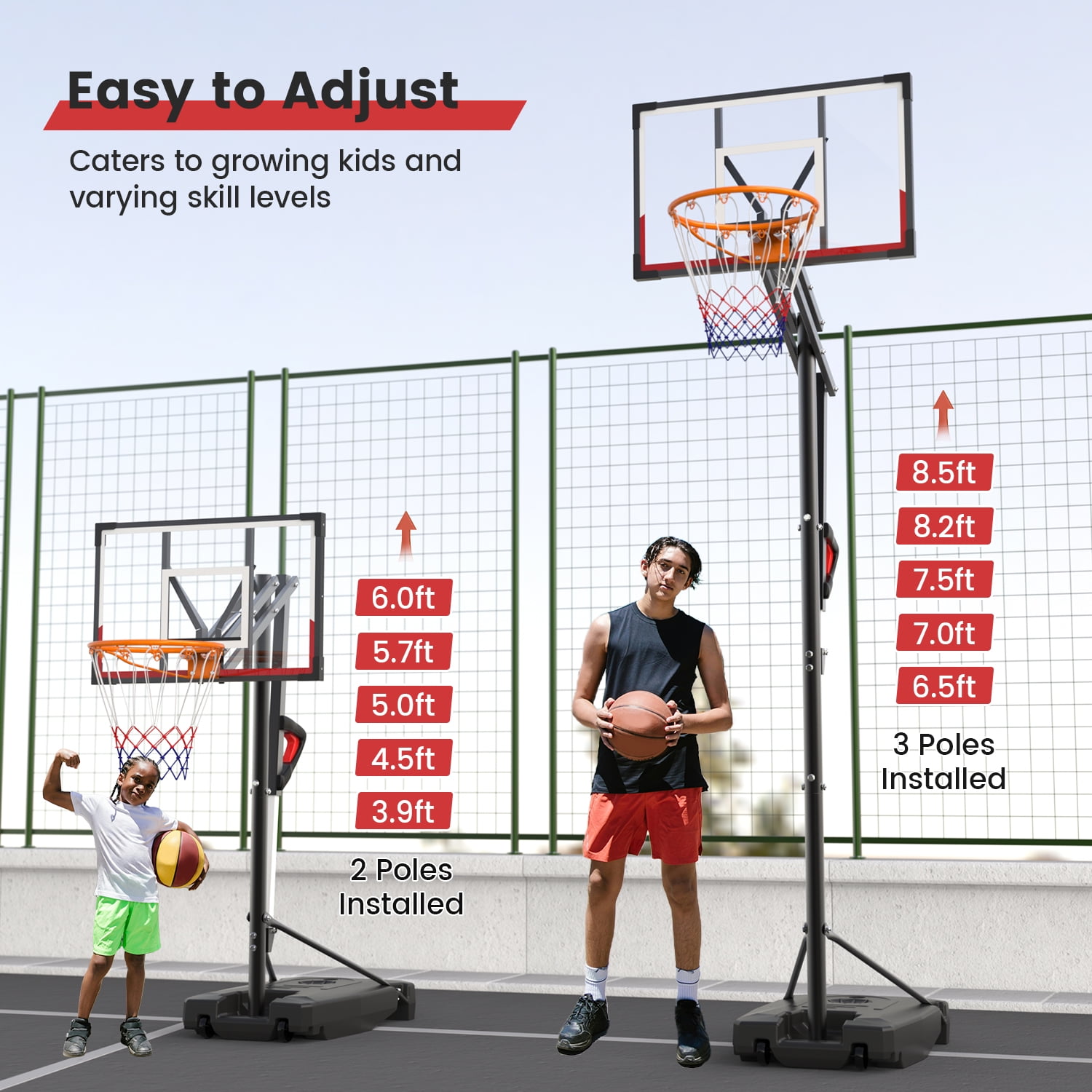NEDYO Portable Basketball Hoop Goal System Outdoor Court 8.5ft Adjustable, HDPE Backboard Material