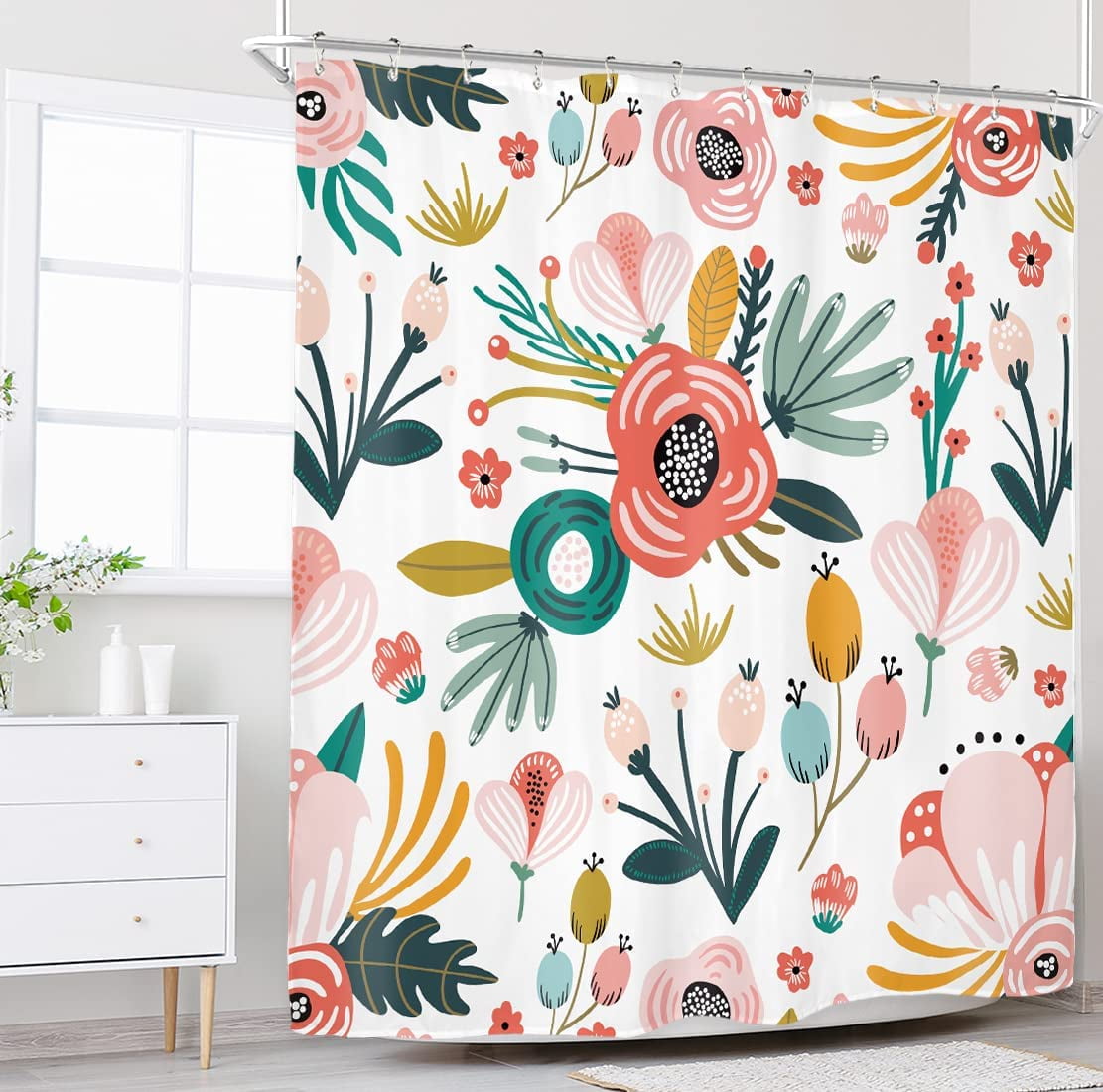 Pink Floral Shower Curtain for Bathroom Decor 72Wx72H Watercolor Colorful Flower Tropical Leaves Spring Botanical Sage Green Art Printed Fabric Polyester Waterproof 12 Pack Plastic Hooks