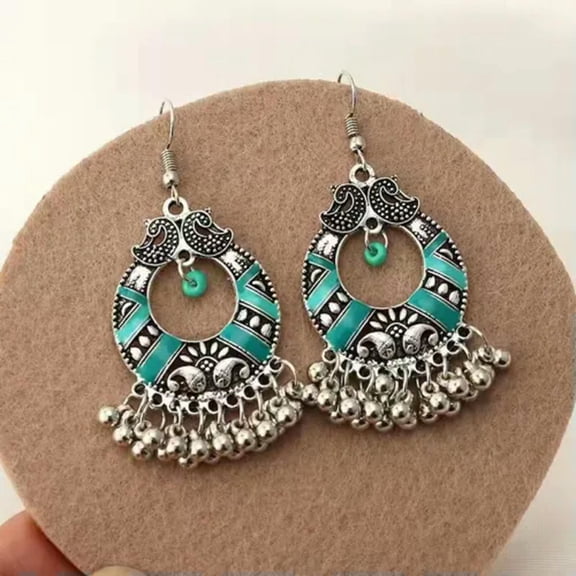 HOOUN Women Retro Bohemian Tassel Earrings Hollow Beads Bell Ancient Silver Studs 0438-1