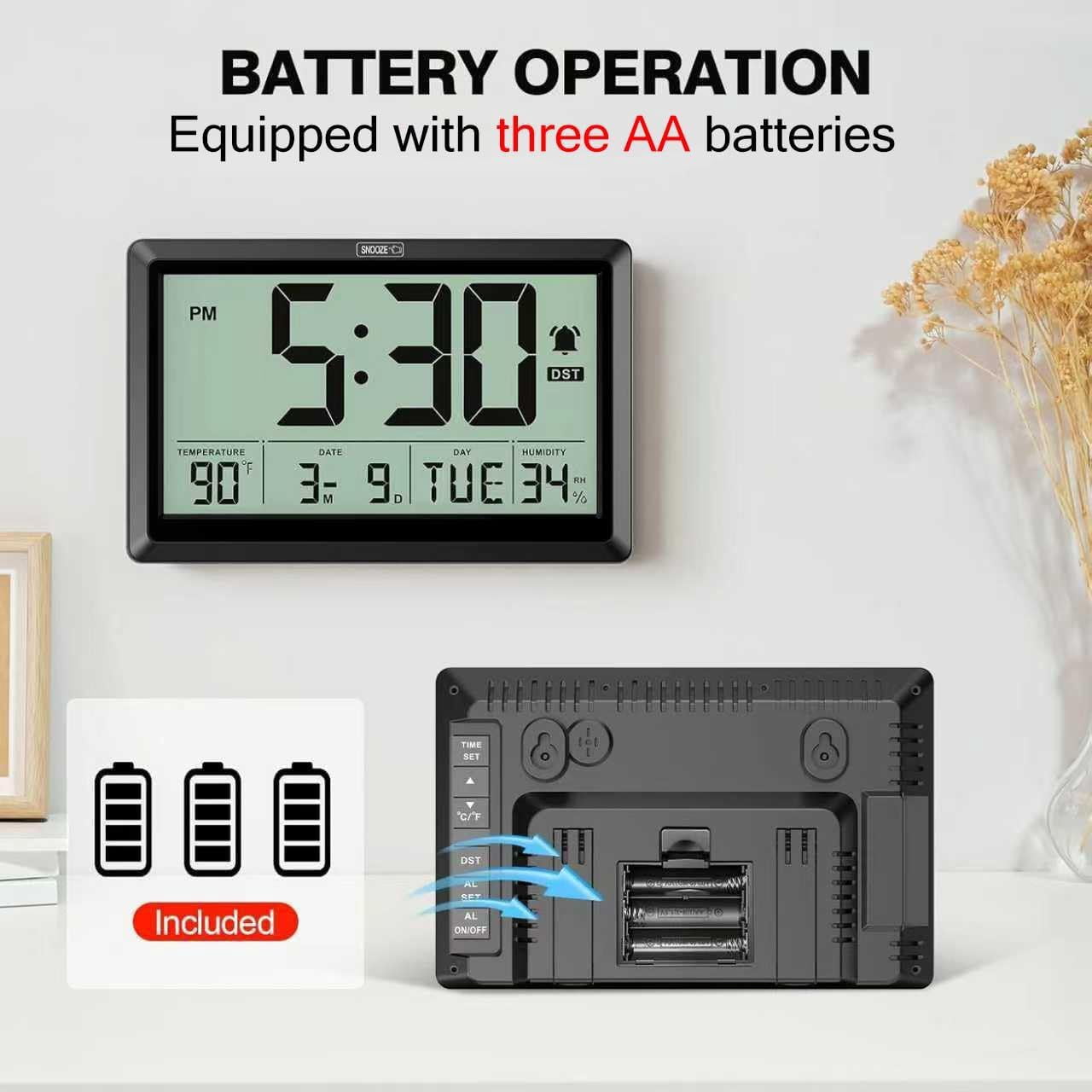 10.4 Inch Digital Wall Clock, Battery Operated Large Display Clock, Digital Calendar with Indoor Temperature/Humidity/Date/Day, Auto DST for Classroom, Livingroom, Office(No Backlight)