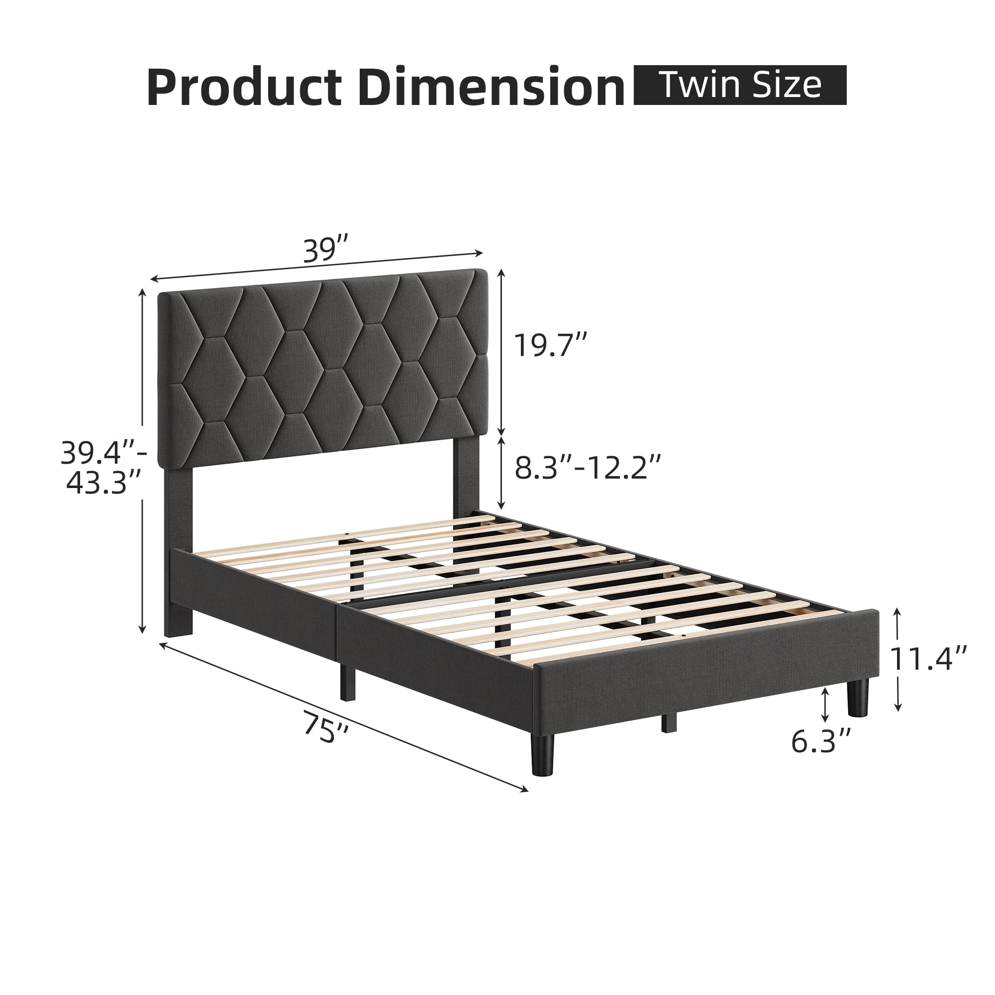 Twin/Full/Queen/King Size Bed Frame with Adjustable Headboard, Upholstered Linen Platform Bed Frame with Solid Wooden Slats Support No Box Spring Needed, Noise-Free, Easy Assembly, Grey
