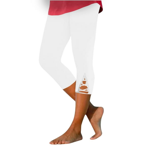 BLVB Capri Leggings for Women Casual Summer Lace Trim Cropped Pants Stretch Workout Yoga Tights Hollow out Leggings