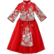 Quenny girls' Hanfu, festive New Year's clothing, children's cheongsam dresses, thickened Chinese style Tang suits.  Red, XXX-Large(13-14Y)