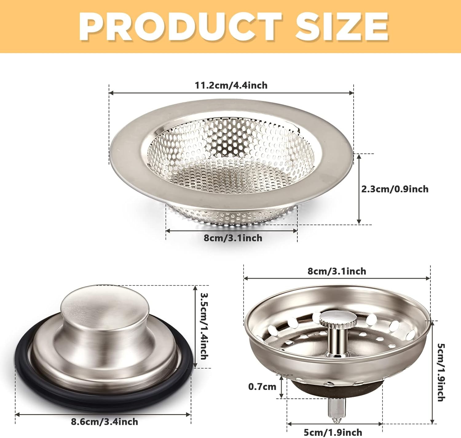 3 Pcs Kitchen Sink Drain Strainer and Stopper Stainless Steel Garbage Disposal Plug with Handle Universal Anti-Clogging Kitchen Sink Filter Sieve Basket Strainer(Brushed Silver)