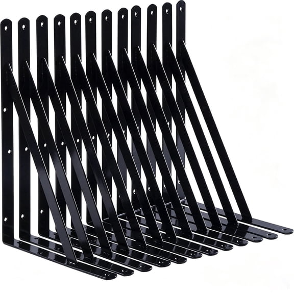 12-Pack Black Heavy Duty L-Shape Shelf Brackets 12 x 8 Inch, with Screws, 90 Degree Triangle Corner Brace Joint Angle Bracket for Shelf Support, Corner Bracket Mounting, Floating Shelf DIY
