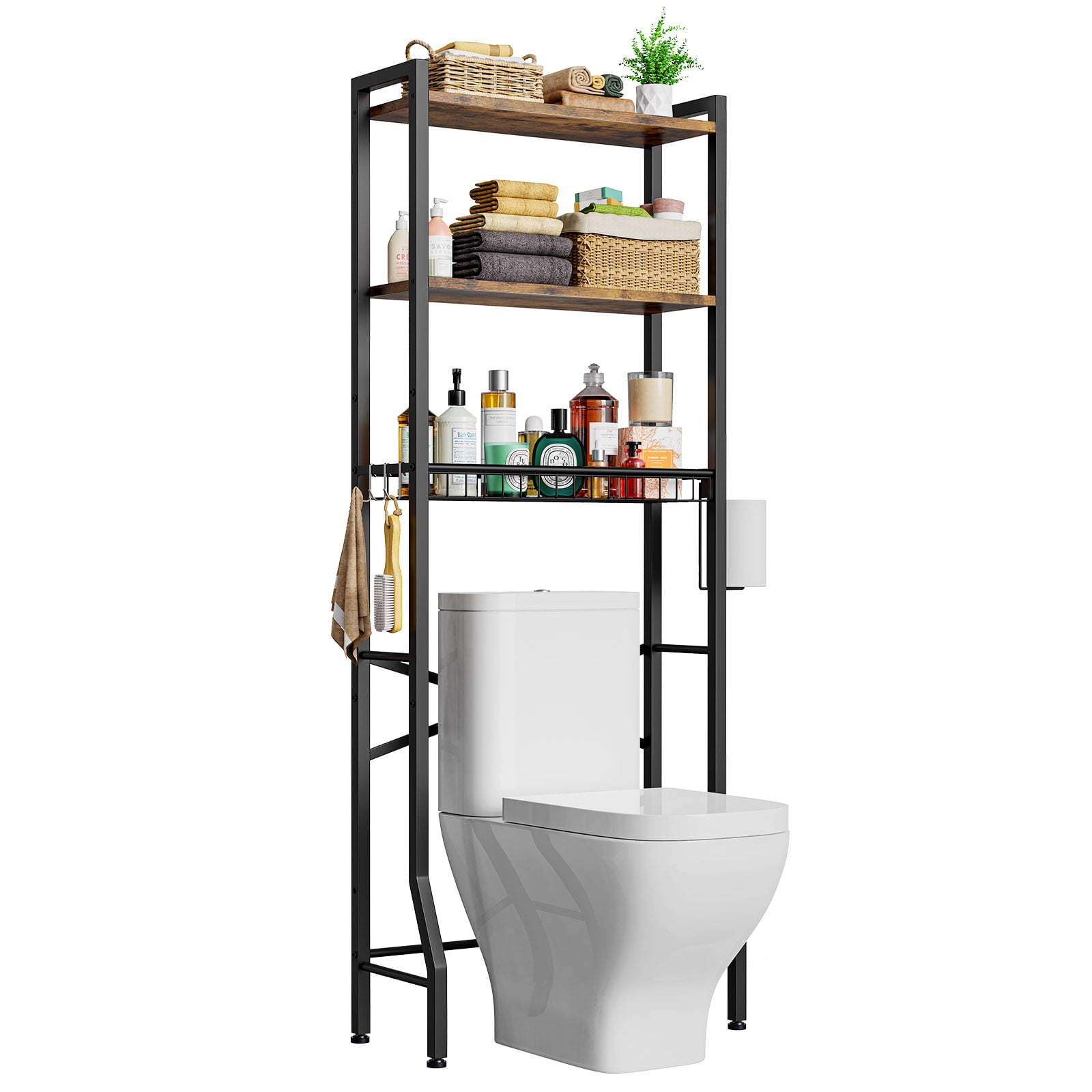 Biemlerfn Over The Toilet Storage Shelf, 3-Tier Wooden Bathroom Organizer Freestanding Space Saver with Toilet Paper Holder and 3 Hooks, Brown