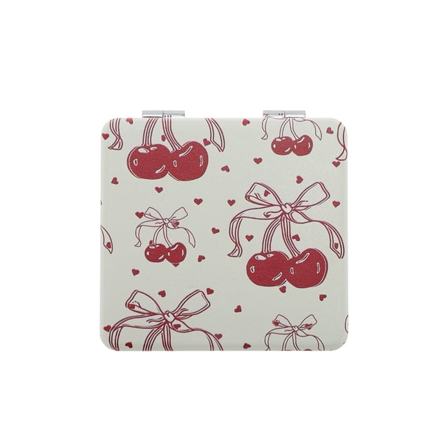 Espejo de Maquillaje Bow Cherry 1 Pc Único para Viajes Vacaciones Rojo PU Acero Inoxidable Vidrio
