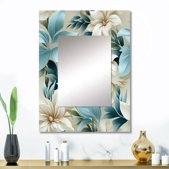 Designart « Symphonie des Tropiques Côtiers II » Miroir Mural Floral, Miroir Mural Bleu Imprimé, Miroir Mural Tropical pour Salle de Bain, Miroir Floral Décoratif - 24x32 Pouces