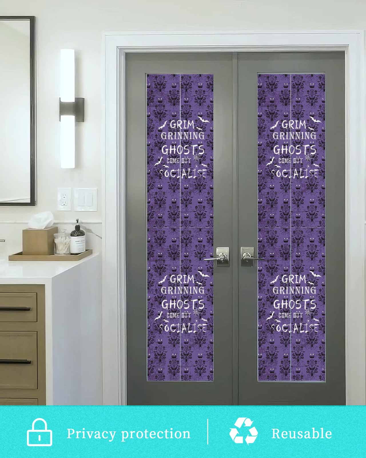 Purple Halloween Window Privacy Film Stained Glass Window Film Decorative Windows Cover Static Windows Cling for Glass Door White Bat Black Pumpkins Stickers for Bathroom 29.5"x118"