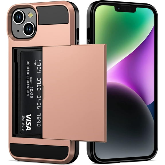 for iPhone 14 Plus Case Wallet Credit Card Holder ID Slot Sliding Door Hidden Pocket Men Women Anti-Scratch Dual Layer Hybrid Bumper Armor Protective Shell Back Cover 6.7 inch Rose Gold