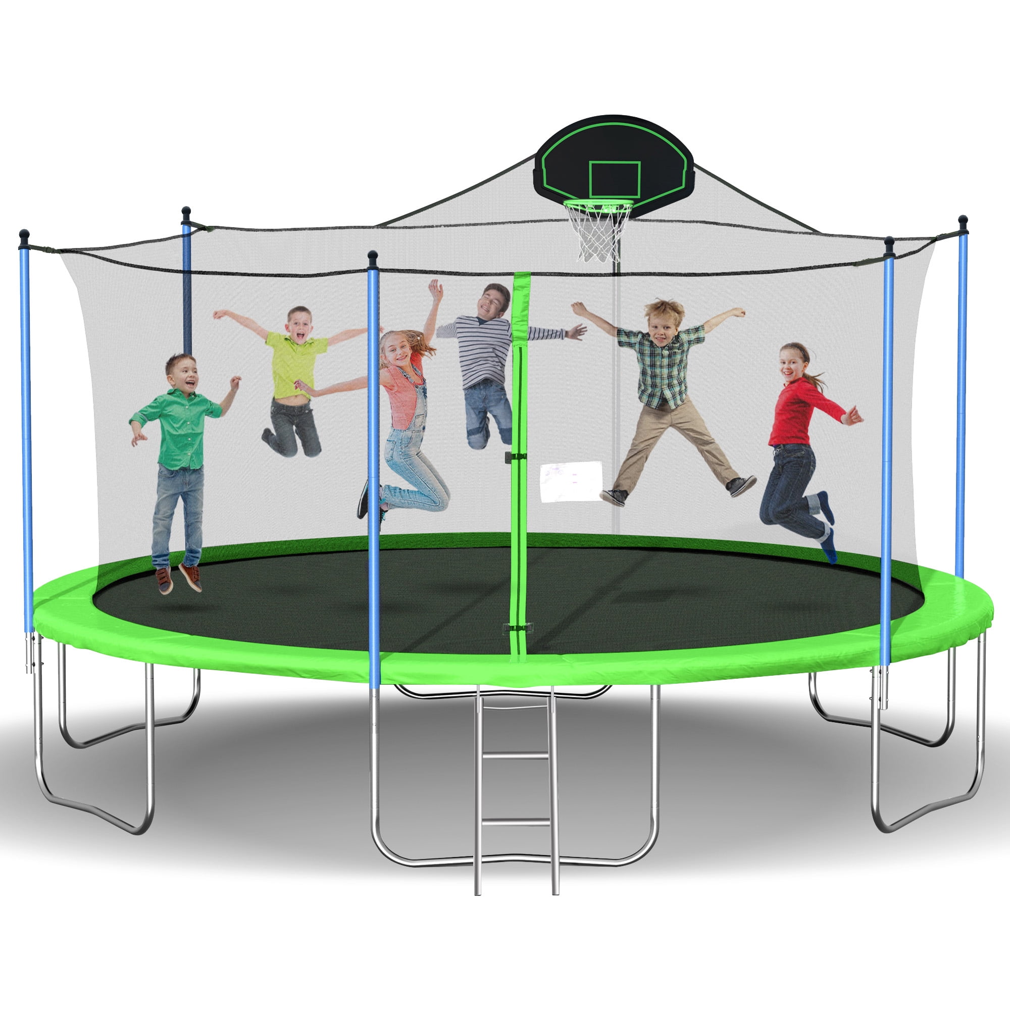 Aukfa 16FT Trampoline with Basketball Hoop for Kids Adults, Outdoor Trampoline with Enclosure for Backyard - Green