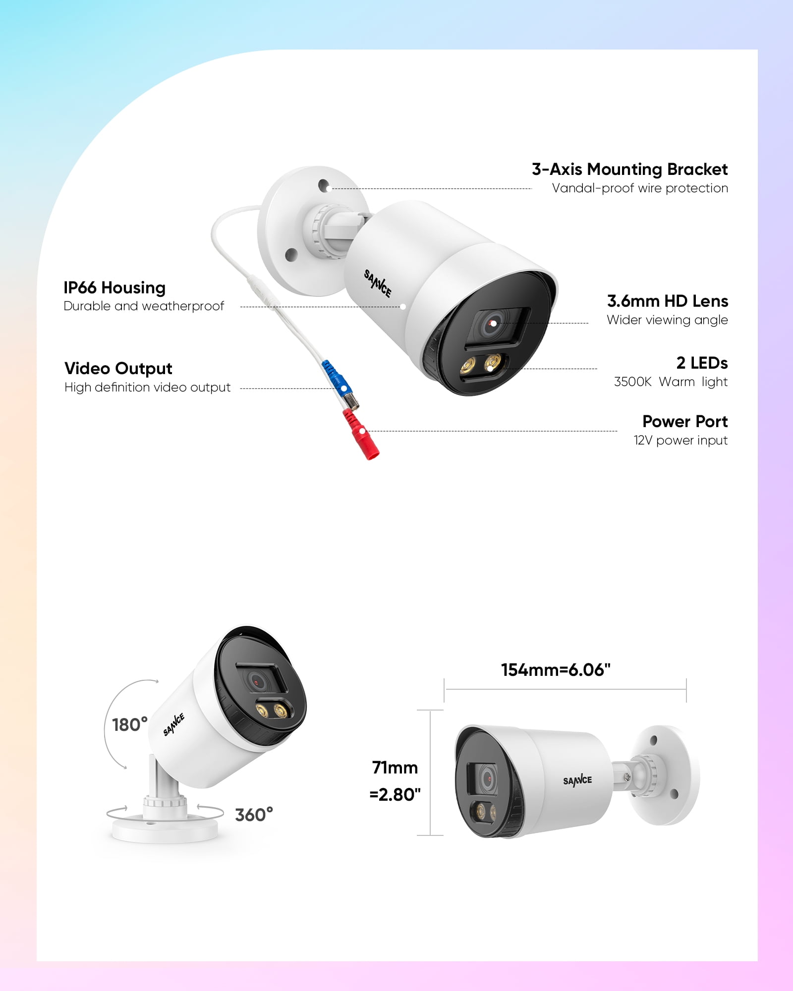 SANNCE Full Color Night Vision Security Bullet Camera, 4pcs 1080P TVI Wired CCTV Surveillance Camera for Home, Indoor Outdoor Use, Built-in 3500K Smart Warm Spotlight LED, 4 Cameras with Adapter & Ca