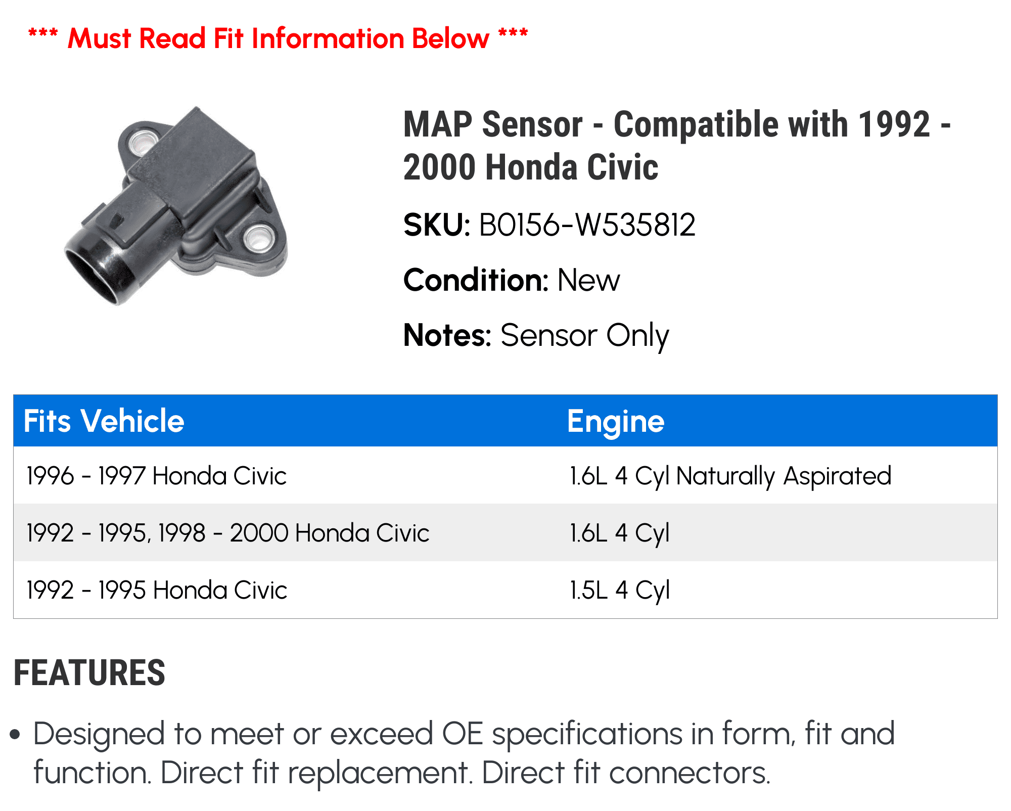 MAP Sensor - Compatible with 1992 - 2000 Honda Civic 1993 1994 1995 1996 1997 1998 1999