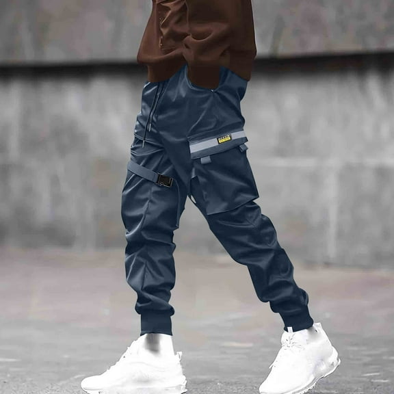 Muscularfit Cargo Men Pants Stretch Cargo Pants Slim Fit Outdoor Hiking with Pockets Pants Low Rise Mens Pants Casual Jogger Blue Size S