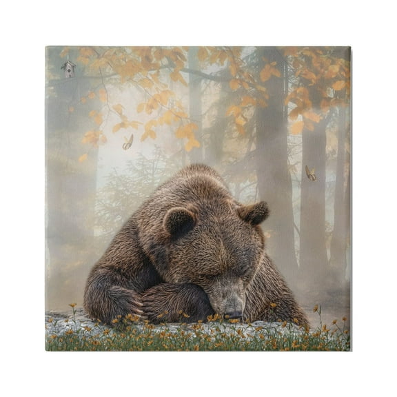 Stupell Autumn Slumber Brown Bear Foliage Animals & Insects Photography Gallery Wrapped Canvas Print Wall Art