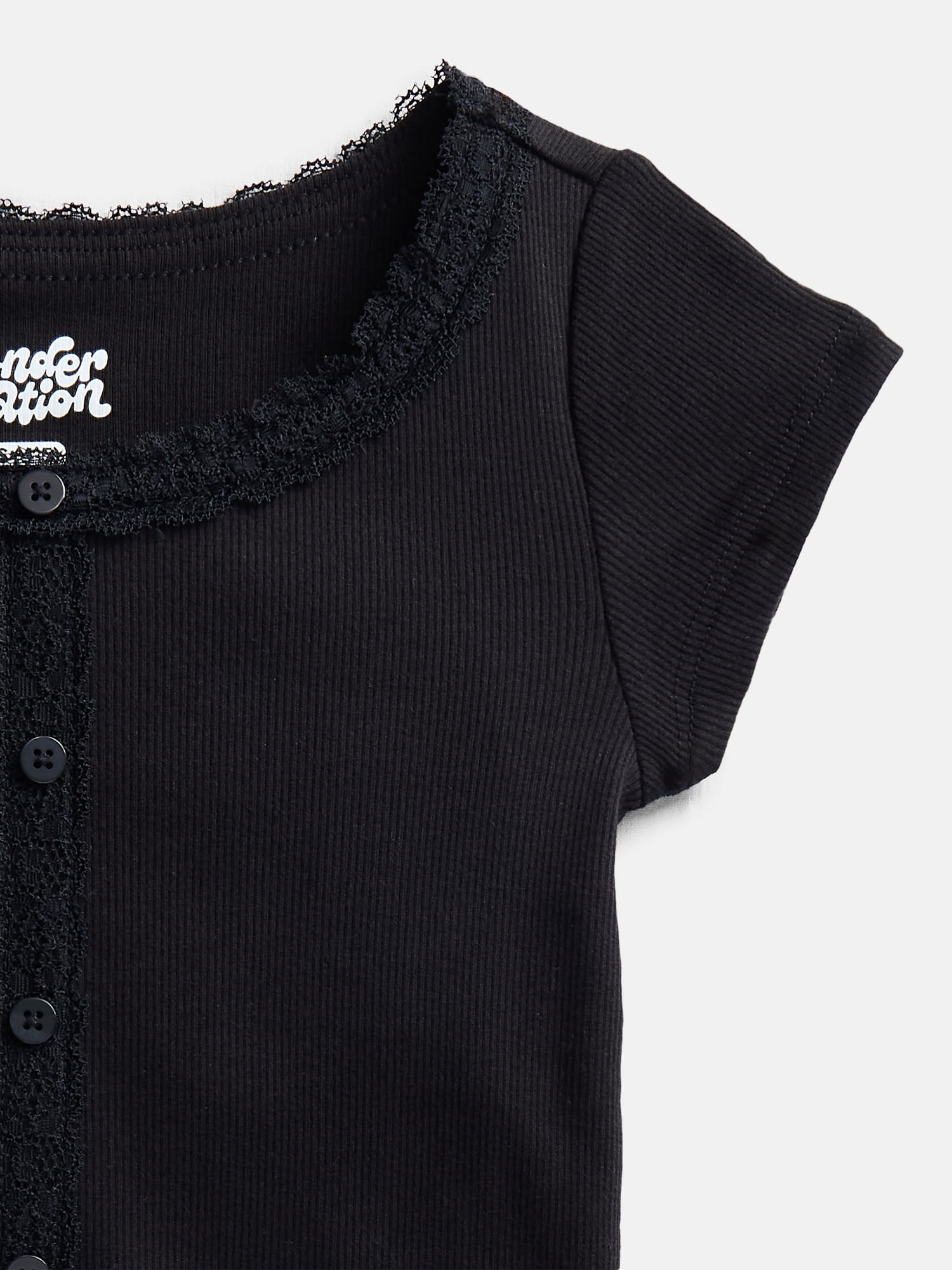 Wonder Nation Girls' Lace and Button Front Top with Short Sleeves, Sizes 4-18 & Plus