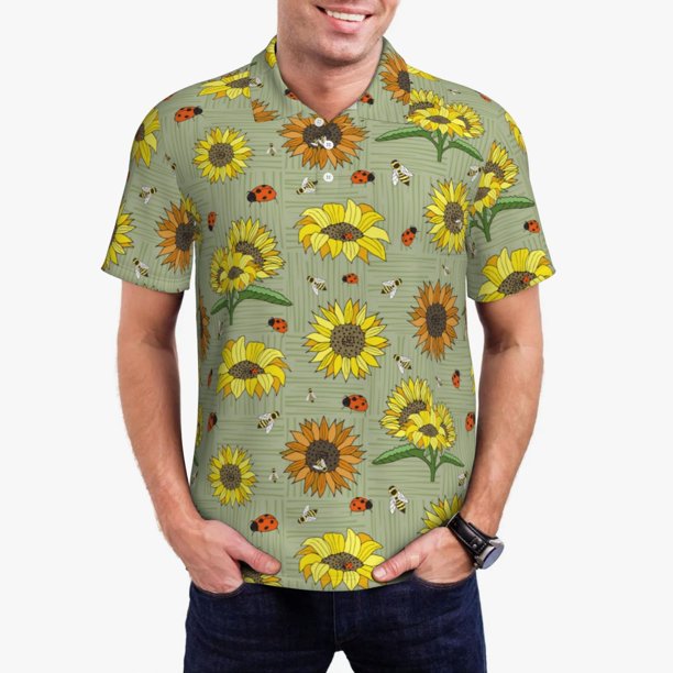 Fotbe Sage Green With Sunflowers Camiseta Polo de Golf para Hombre con Estampado – Camisa Deportiva Transpirable con Cuello Abotonado-Small