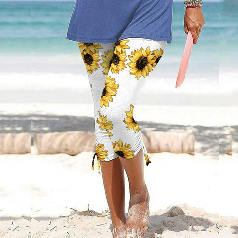 Women's Capri Pants Solid Color Drawstring Gradient/ Floral/ Leopard Print  Pant Summer Casual Beach Vacation Pants(M,Yellow)