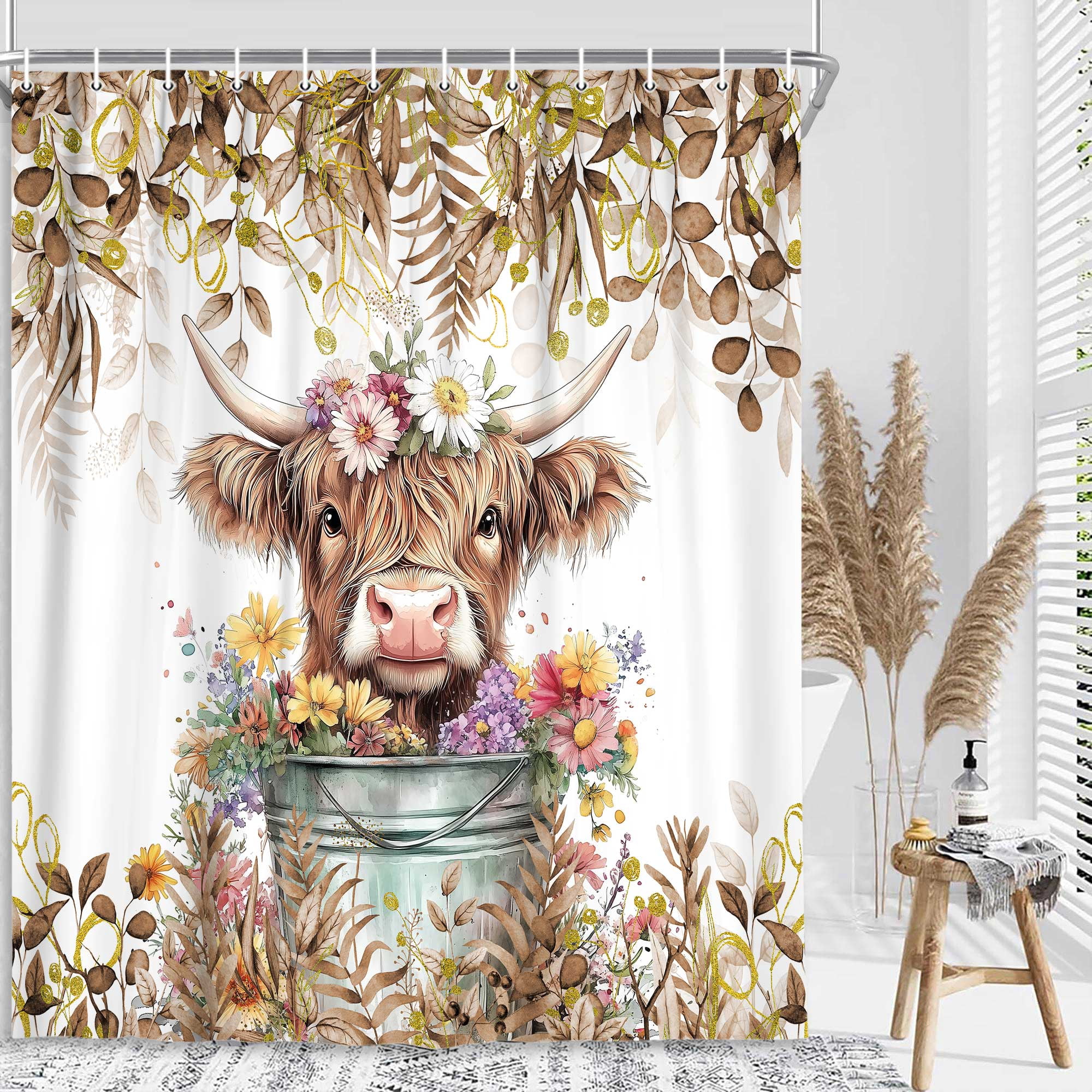 Brown Shower Curtain, Watercolor Plant Eucalyptus Leaves with Floral Farmhouse Highland Cow Bath Curtain, Funny Animals Bathroom Accessories Botanical for Bathroom Curtain Set with Hooks, 72X72in