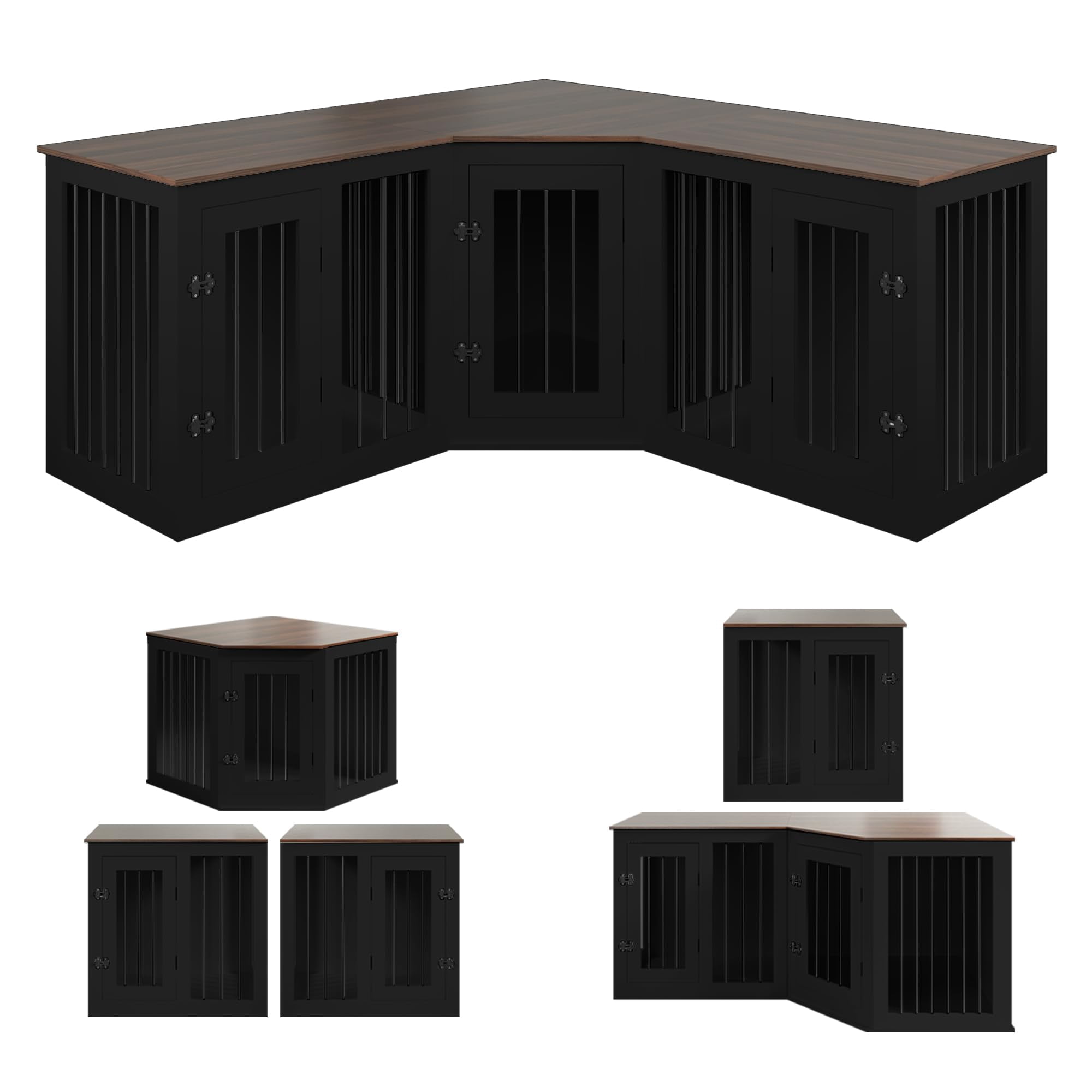 Large Dog Crate Furniture for 3 Dogs, Corner Dog Crate with Divider, 3 in 1 Heavy Duty Indoor Wooden Dog Kennel Furniture