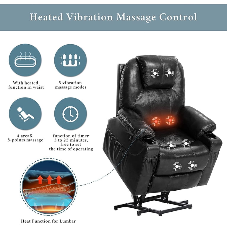 BALICHUN Leather Lift Recliner for Seniors, Electric Massage, Heating, 2  USB, 2 Cup Holders (Black) - Walmart.com