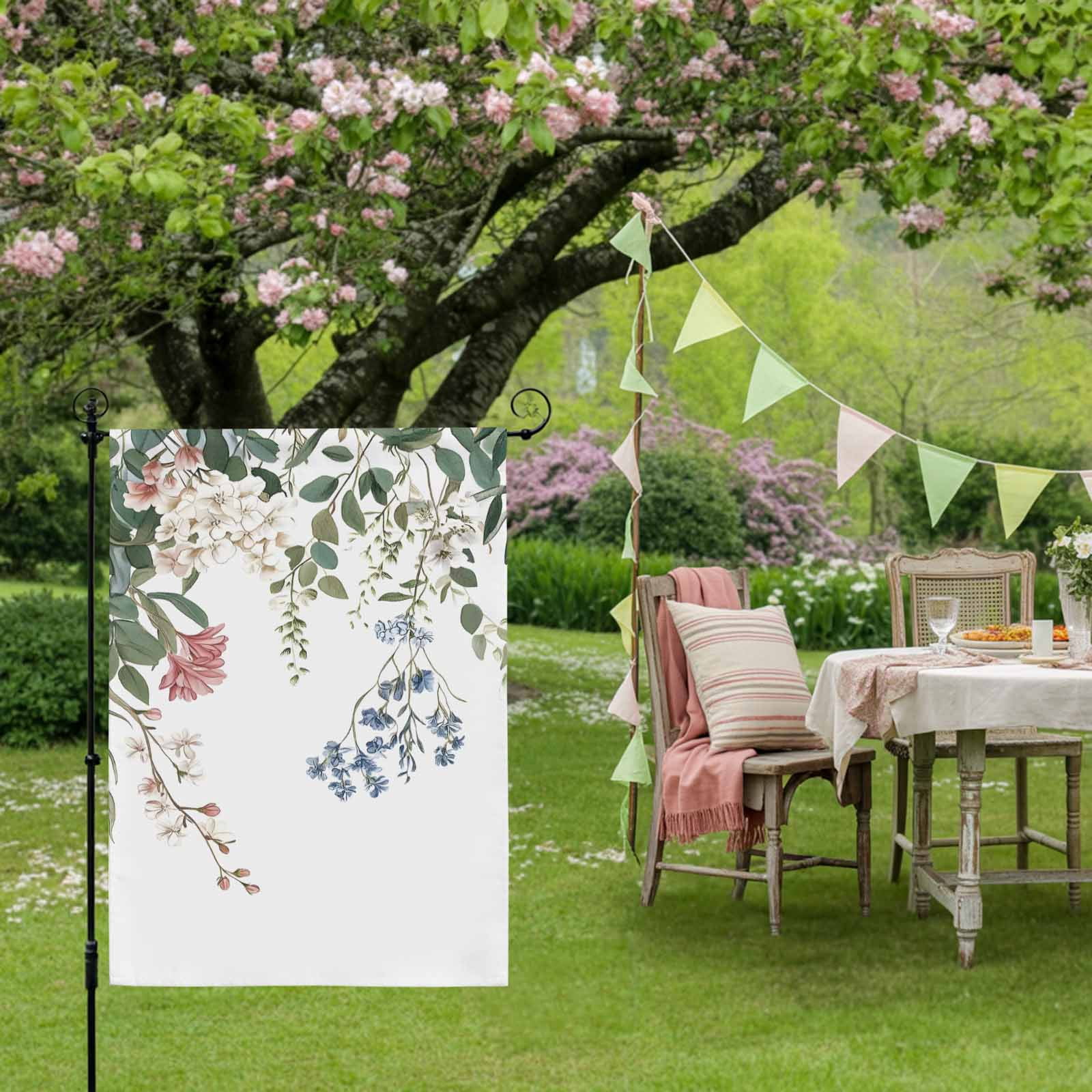 Spring Floral House Flags For Outdoor, Country Watercolor White Blue Red Flower Green Leaves Small Double Side Yard Flags Weather Proof House Decor for Lawn Outside Holiday 28 x 40 Inches
