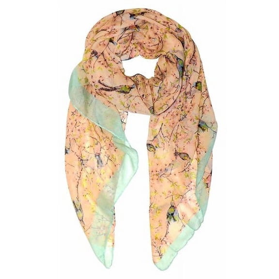 Peach Couture Pretty Vintage Floral Blossom Hummingbird Print Light Sheer Scarves