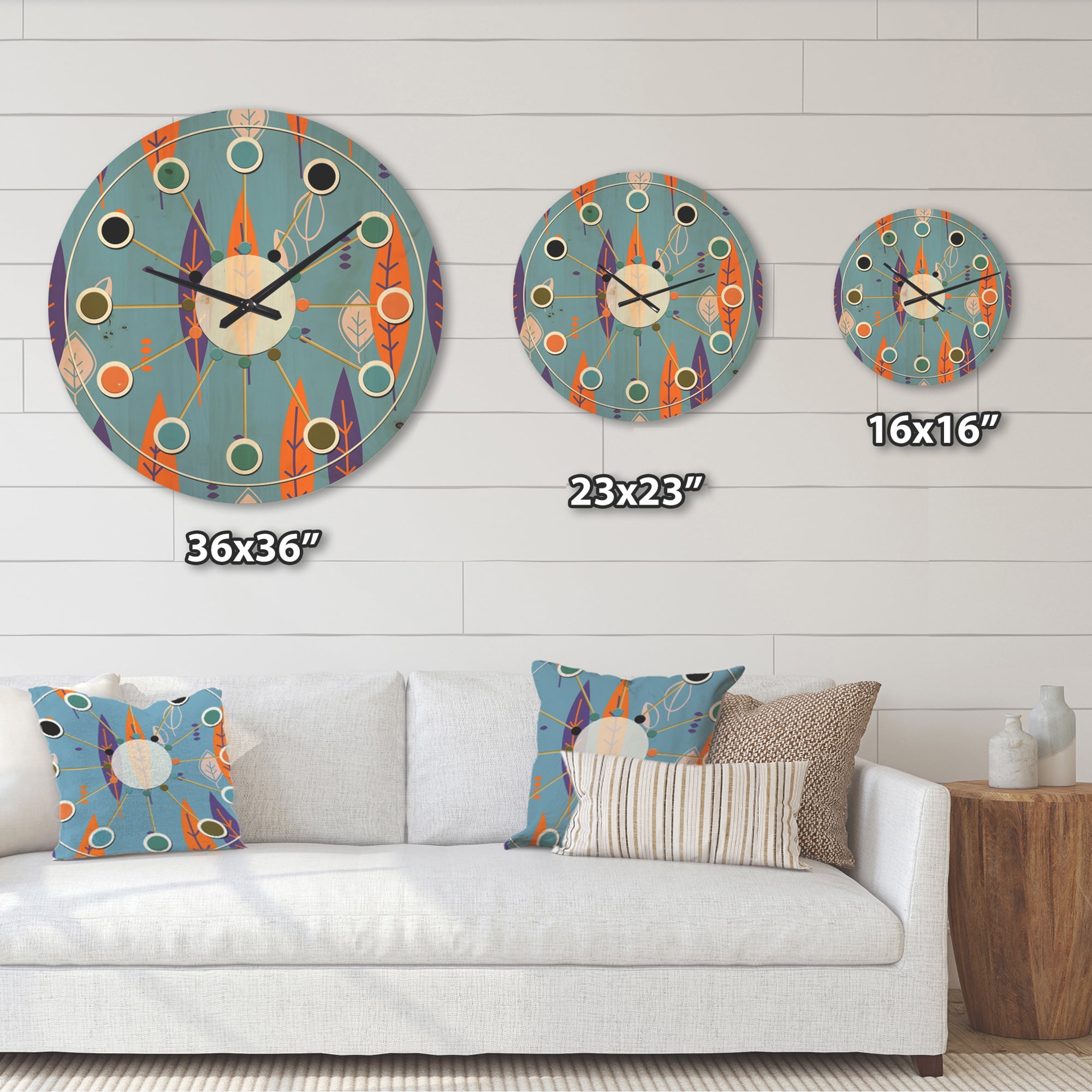 Designart 'Botanical Floral Retro Pattern II' Mid-Century Modern Wood Wall Clock