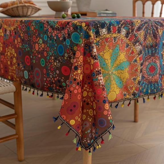 MORAVE 59"x102" Boho Square Tablecloth, Geometric Floral Print with Fringe Edge, Farmhouse Style Cover for Kitchen Dining Room Decor